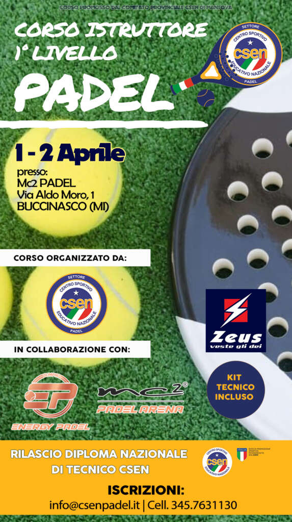 CORSO ISTRUTTORI 1 LIVELLO 1-2 APRILE Milano – Buccinasco MC2 PADEL